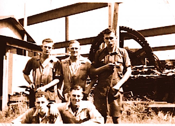 workmates at walkers ltd. L to R __ "Chummy" Smith; Jim Murray; Stan Kerr; FRont Row-- L to R; Doug Elliot; Bruce Abell